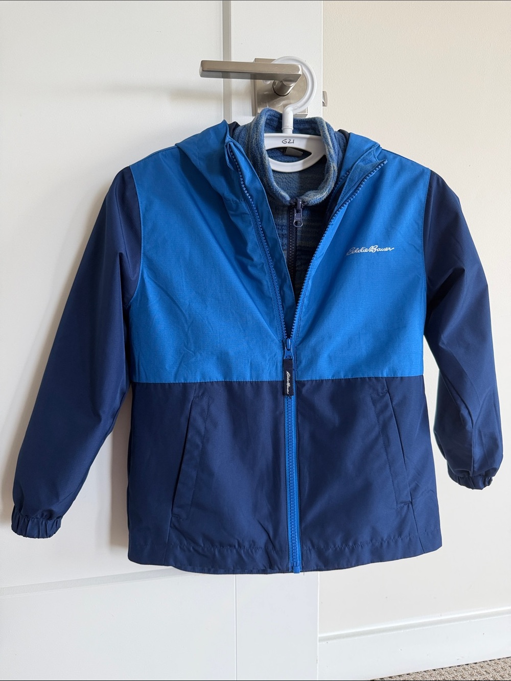 Eddie Bauer Two-Tone Blue 3-in-1 Hooded Boys Raincoat size 5/6y